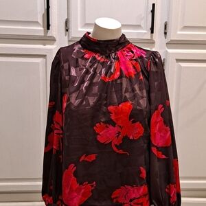 Nine West Dark Purple Blouse w/ Red Floral Accents High Neck NWT Long Sleeve